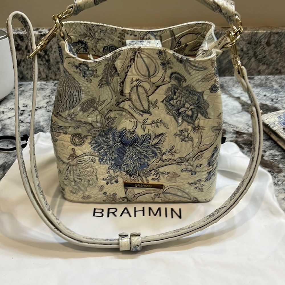 Brahmin bucket bag leather multicolor, blue, and cream